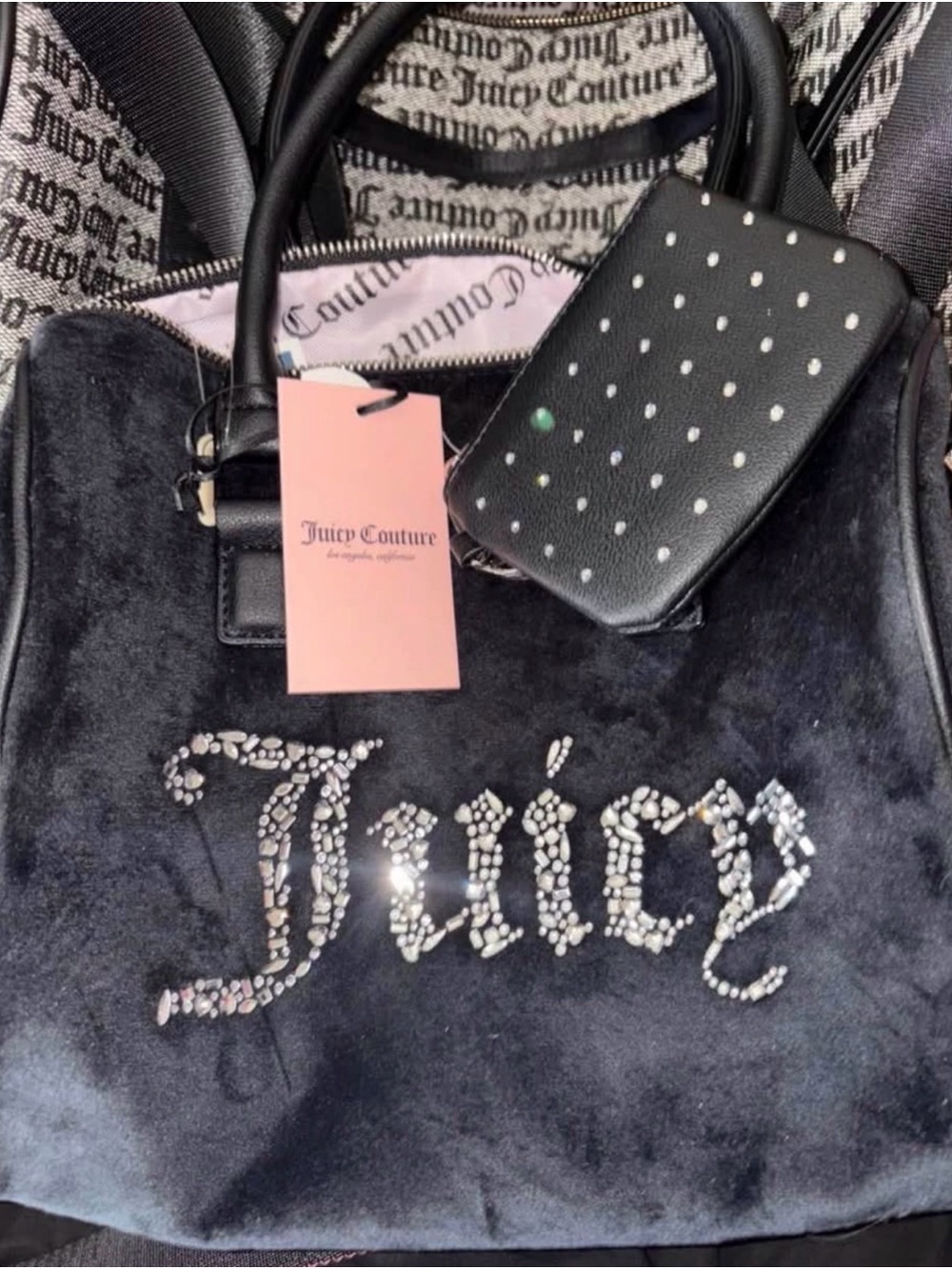 Juicy Couture Black Velvet Tote with Rhinestone Logo and Studded Coin Pouch